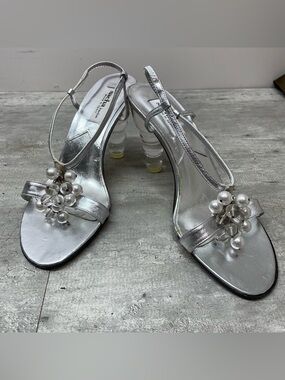 Sacha London Heeled Sandals Womens Silver Good Pearl Bubble Heel Made in Spain